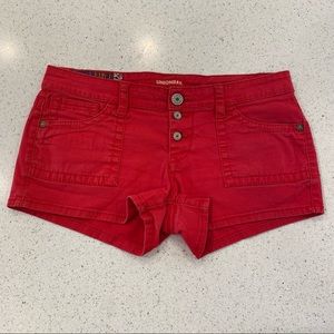 Red Button-Up Low-Rise Shorts (2.5” inseam)